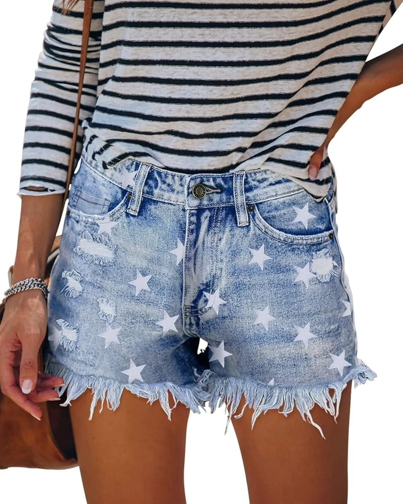 MINGALONDON Women's Denim Shorts Summer Mid Waist Ripped Raw Cut Hem Distressed Stretchy Jean Sho... | Amazon (US)