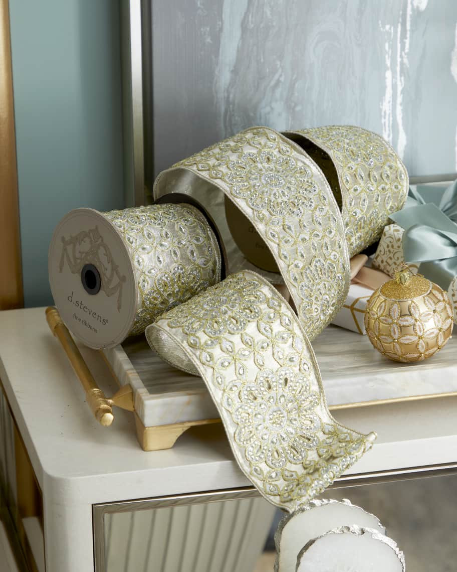 D. Stevens Metallic Dupion Ribbon with Medallion Trim, 4" x 5 Yards | Neiman Marcus