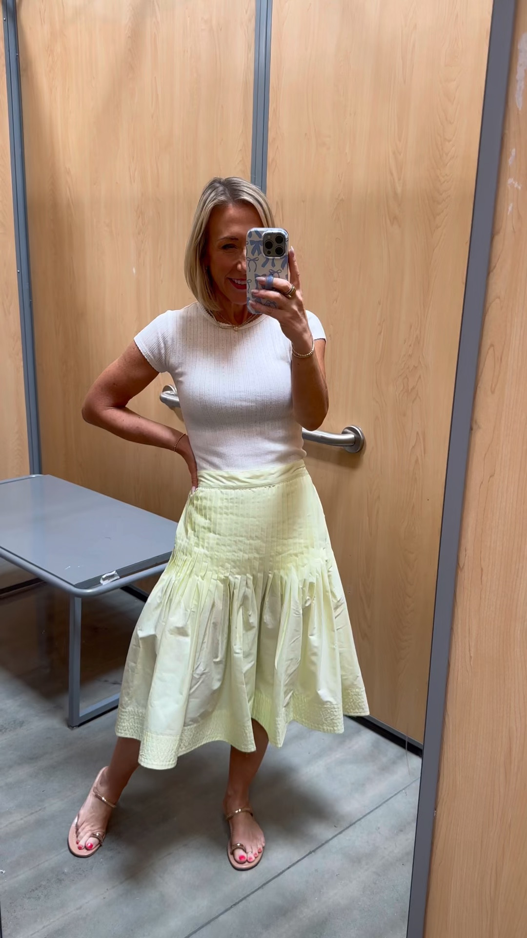 Walmart - in store try-on. Pintuck Knee Length Skirt - size XS. $28. 2 colors. Pointelle Mini Tee w/ Short Sleeves - size XS. $12. 6 colors. 

#LTKSeasonal#LTKOver40 

 