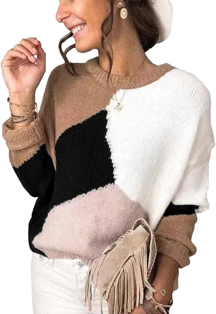 KIRUNDO Women's Sweaters Crew Neck Casual Long Sleeve Sweater Zebra Striped Print Color Block Kni... | Amazon (US)