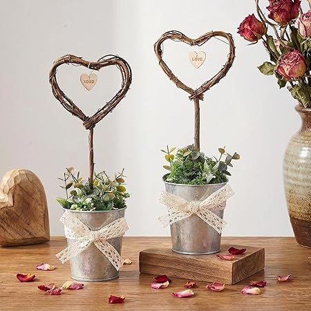 Valentines Day Decor: 2ct Neutral Vintage Rattan Heart Mini Potted Table Decorations, Rustic Hear... | Amazon (US)