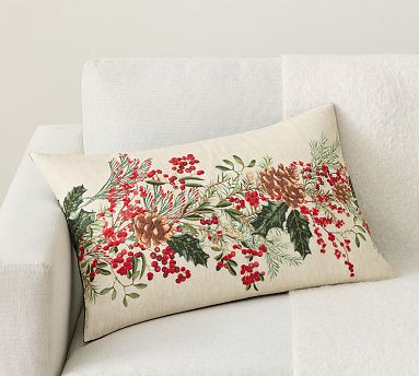 Holly Berry Embroidered Lumbar Pillow | Pottery Barn (US)