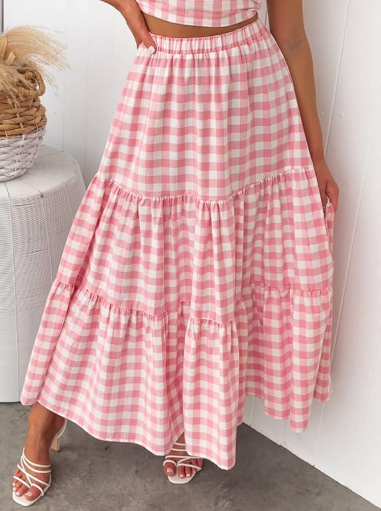 ZESICA Women's Summer Plaid Elastic High Waist Flowy A Line Maxi Skirt with Pockets | Amazon (US)