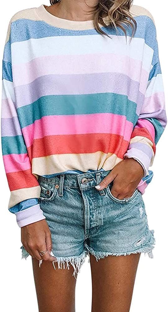 Women Long Sleeve Tops - Oversized Rainbow Striped Tunics Blouses T Shirt Pullover Sweatshirt | Amazon (US)