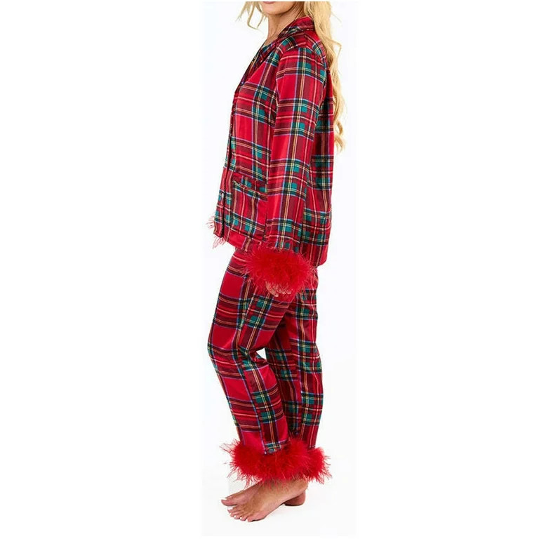 Womens Pajama Sets Sexy Feather Trim Long Sleeve Button Shirt Pants 2 Piece Pjs Plaid Graphic Sle... | Walmart (US)