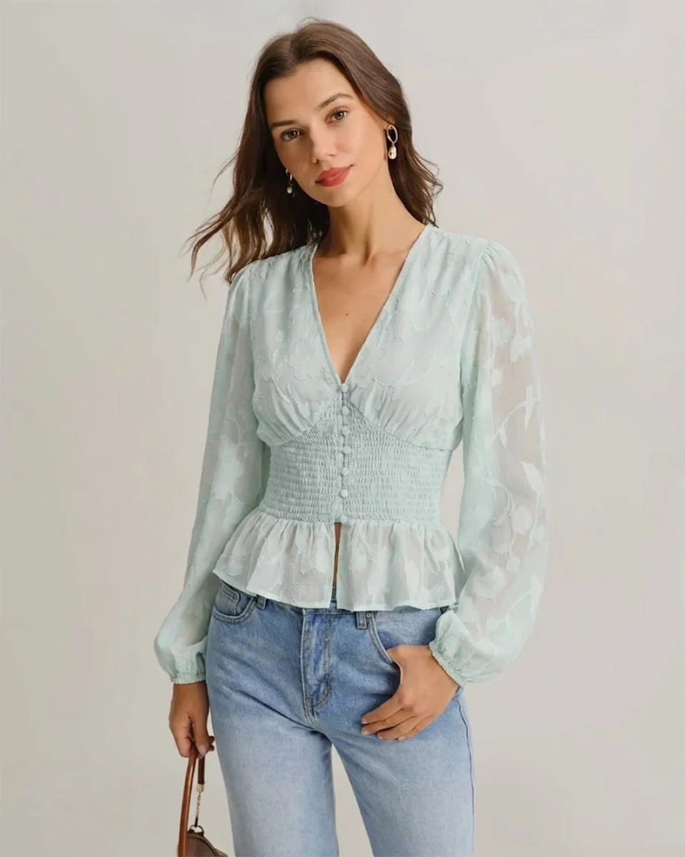 Green V Neck Floral Shirt | rihoas.com