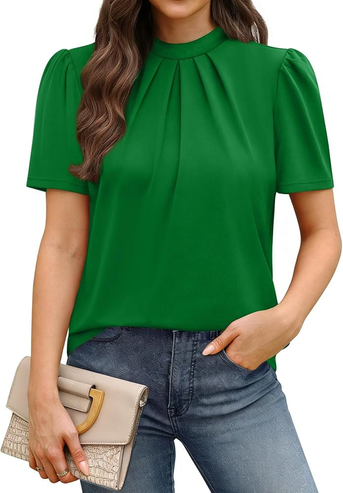 WIHOLL Womens Tops Short Puff Sleeve Shirts Mock Neck Pleated Spring Blouses Dressy Casual Busine... | Amazon (US)