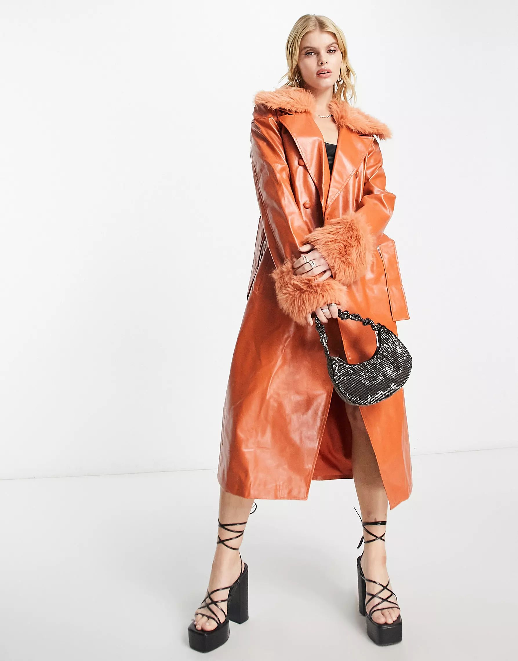 Extro & Vert PU trench coat with faux fur collar and cuffs in orange | ASOS (Global)