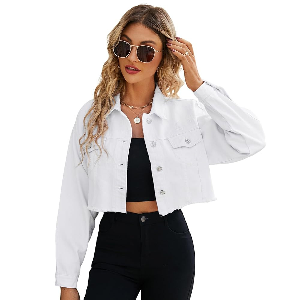 LONGYIDA Women's Cropped Denim Jacket | Distressed Button-Down Jean Jacket | Long Sleeve Ripped &... | Amazon (US)