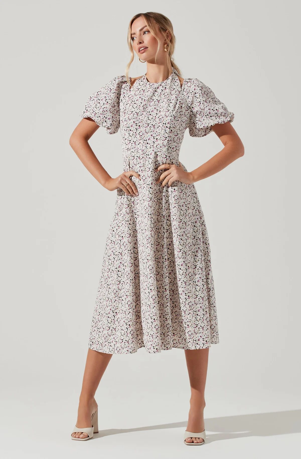 Puff Sleeve Shoulder Cutout Floral Midi Dress | ASTR The Label (US)
