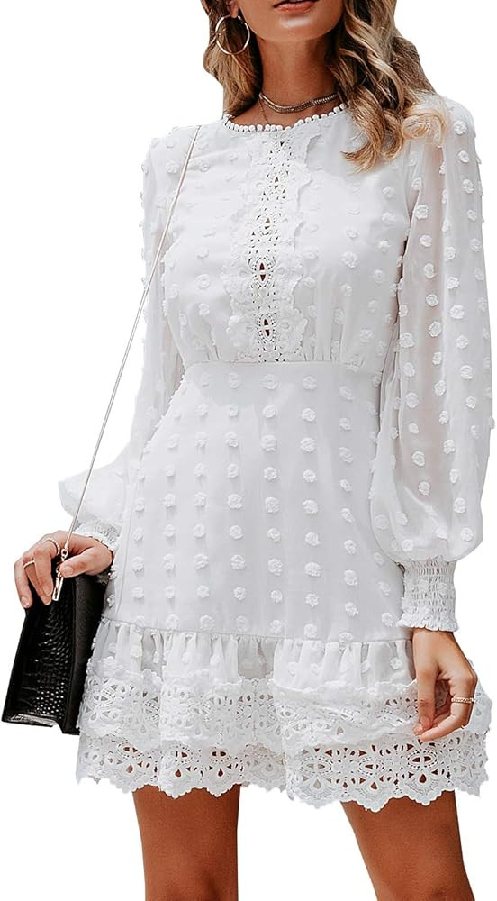 MsLure Women's Elegant Lace Chiffon Mini Dress Lantern Sleeve Ruffle Hem Party Dress | Amazon (US)