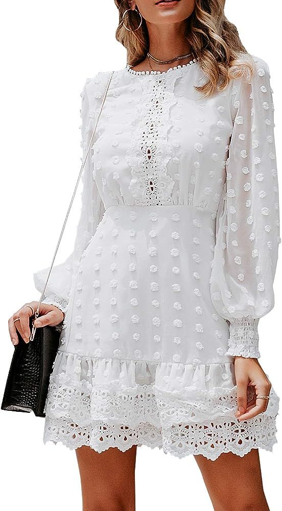 MsLure Women's Elegant Lace Chiffon Mini Dress Lantern Sleeve Ruffle Hem Party Dress | Amazon (US)