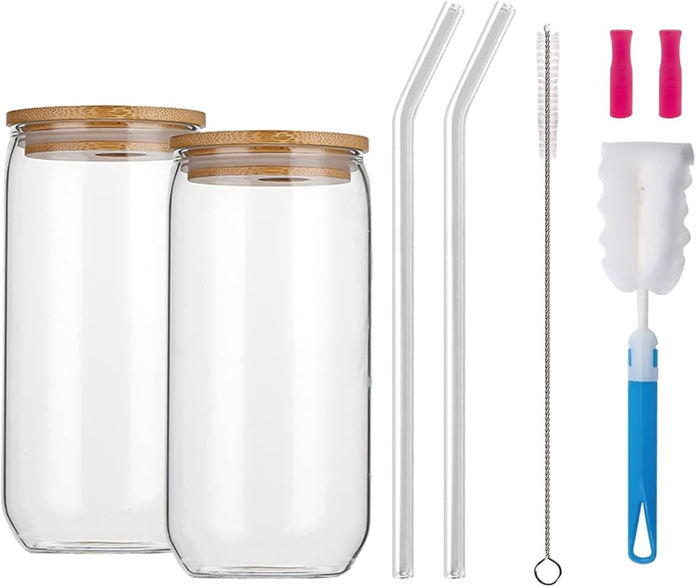 DYUEE Drinking Glasses with Wooden Lid and Glass Straw 2 PCS 500ml/17oz Iced Coffee Cup Transpare... | Amazon (UK)