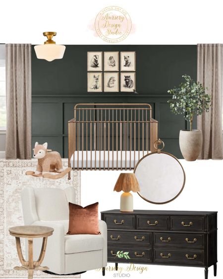 Moody green nursery  #nursery 

Gold crib, round mirror, black dresser, neutral rug, nursery light

#LTKSaleAlert #LTKBump #LTKHome