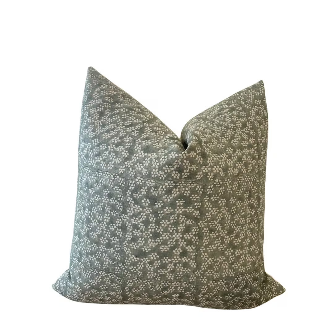 Brynn Floral Pillow Cover| Designer Linen Pillow, Block Print Pillow, Handblocked, Sage Pillow, G... | Etsy (US)