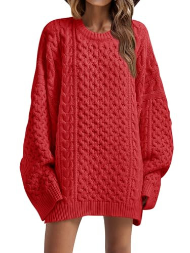 Saodimallsu Womens Oversized Sweaters Chunky Cable Knit Crewneck Long Sleeve Loose Tunic Mini Sweater Dresses Red | Amazon (US)