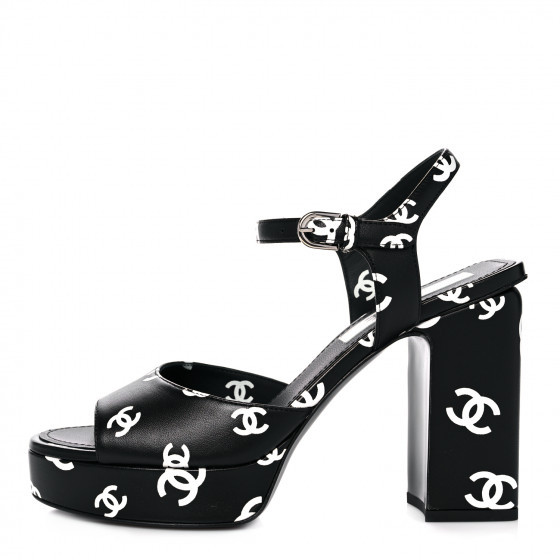 CHANEL Printed Lambskin CC Sandals 38 Black White | FASHIONPHILE | Fashionphile