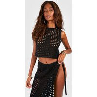Womens High Racer Neck Crochet Crop Top - Black - M | boohoo (US & Canada)