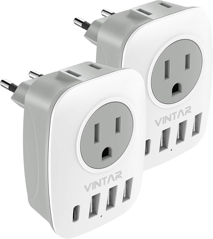 One of the least glamorous things in my suitcase—and one of the most useful. These VINTAR Type C adapters give me regular outlets plus USB ports, so I can charge several devices without packing a tangle of bricks. I bring the two-pack so one stays by the bed and one goes in my day bag. 

 #EuropeTravel #TravelAdapter #PackingTips #TravelEssentials #AleyTravels #LTKTravel