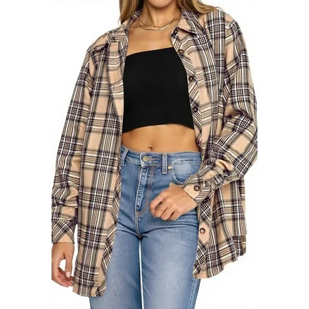 Fantaslook Plaid Flannel Shirts for Women Oversized Long Sleeve Button Down Shirts Blouses Tops | Walmart (US)