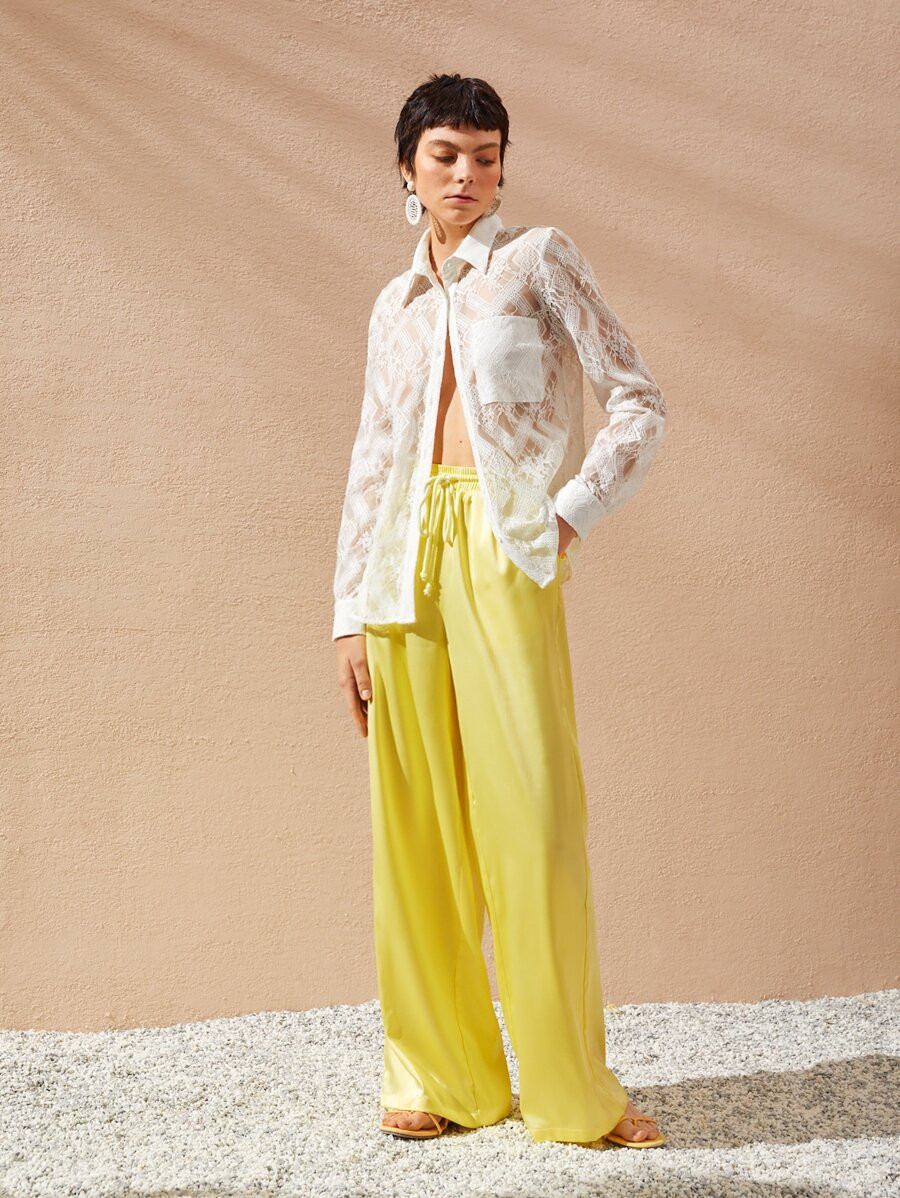 SHEIN Drawstring Waist Slant Pocket Satin Pants | SHEIN