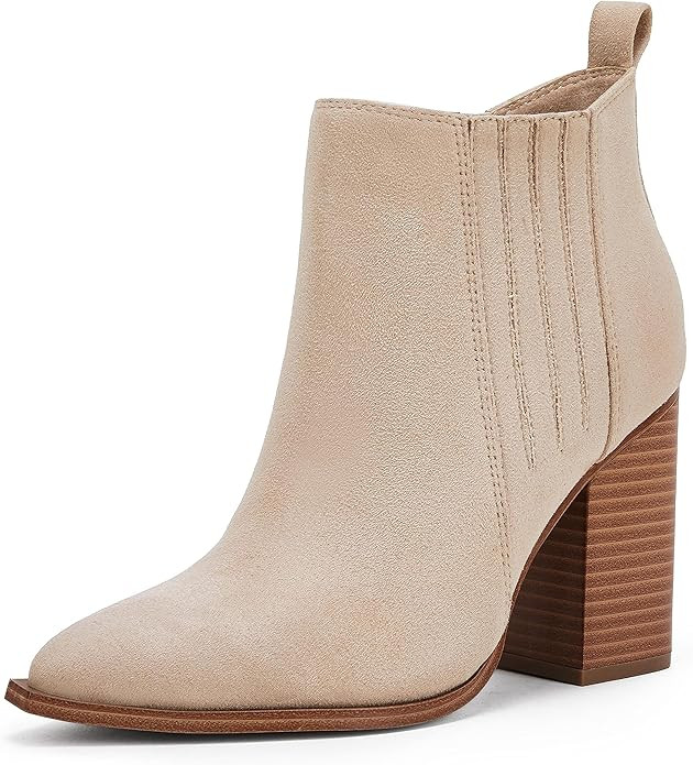 Amazon.com | Womens Pointed Toe Slip on Ankle Booties Stacked Mid Block Heel Shoes Faux Leather B... | Amazon (US)