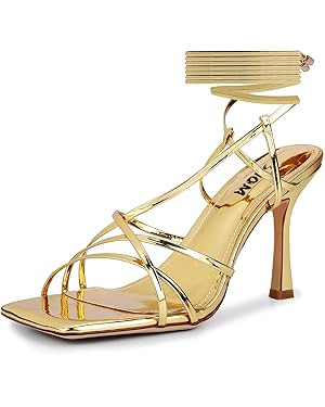 ISNOM Lace Up Heels Sandals for Women, Square Toe, Open Toe Thong, Stiletto Heels Design | Amazon (US)