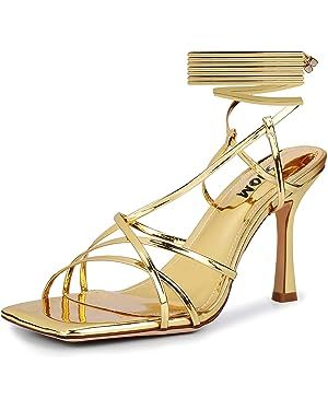 ISNOM Lace Up Heels Sandals for Women, Square Toe, Open Toe Thong, Stiletto Heels Design | Amazon (US)