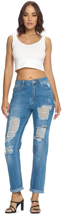 ICONICC Women's Skinny Jeans Mom Straight Leg Jean Ripped Destroyed Denim | Amazon (US)