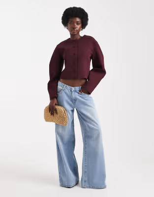 ASOS DESIGN cocoon sleeve collarless blazer in plum co ord | ASOS (Global)