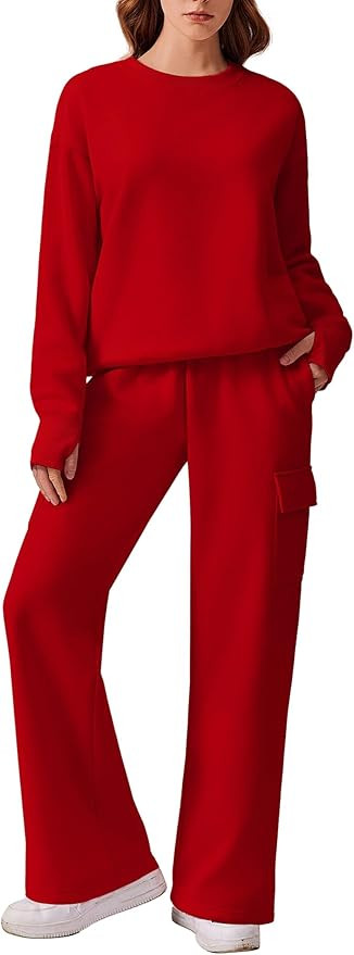 PINSPARK 2 Piece Sets for Women 2025 Fleece Sweatsuits Oversized Sweatshirts Wide Leg Cargo Sweat... | Amazon (US)