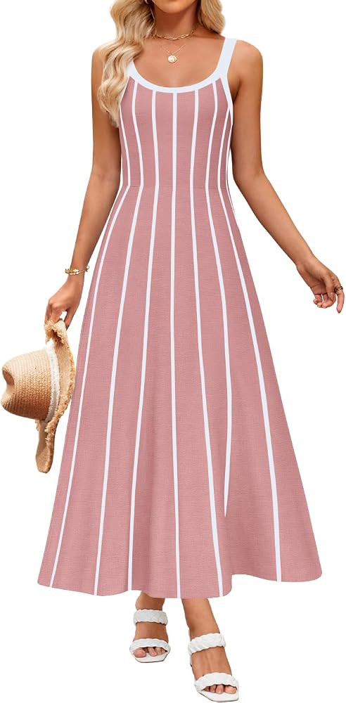 ZESICA Womens 2025 Summer Sleeveless Striped Midi Dresses Casual A Line Swing Knit Long Dress Bea... | Amazon (US)