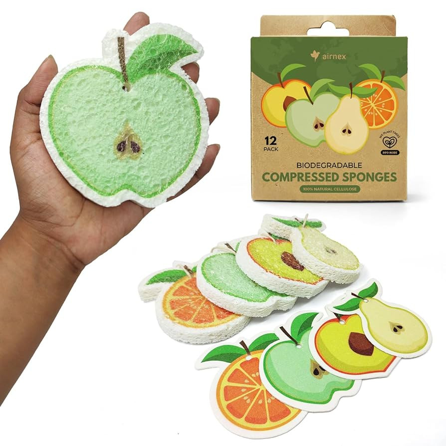 AIRNEX Biodegradable Cellulose Compressed Sponges Bulk - Fruit Shaped Kitchen Pack of 12 - Eco Fr... | Amazon (US)