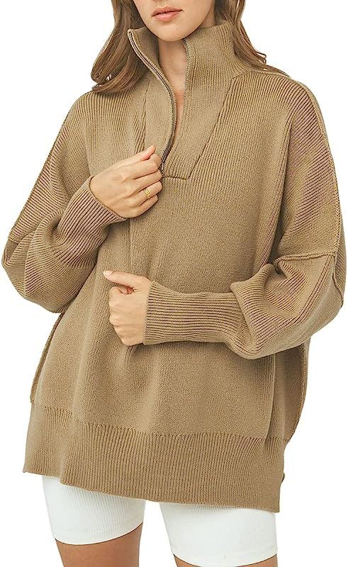 LILLUSORY Women's Long Sleeve 1/4 Zipper Collar Drop Shoulder Oversized Split Hem Slouchy Sweatsh... | Amazon (US)