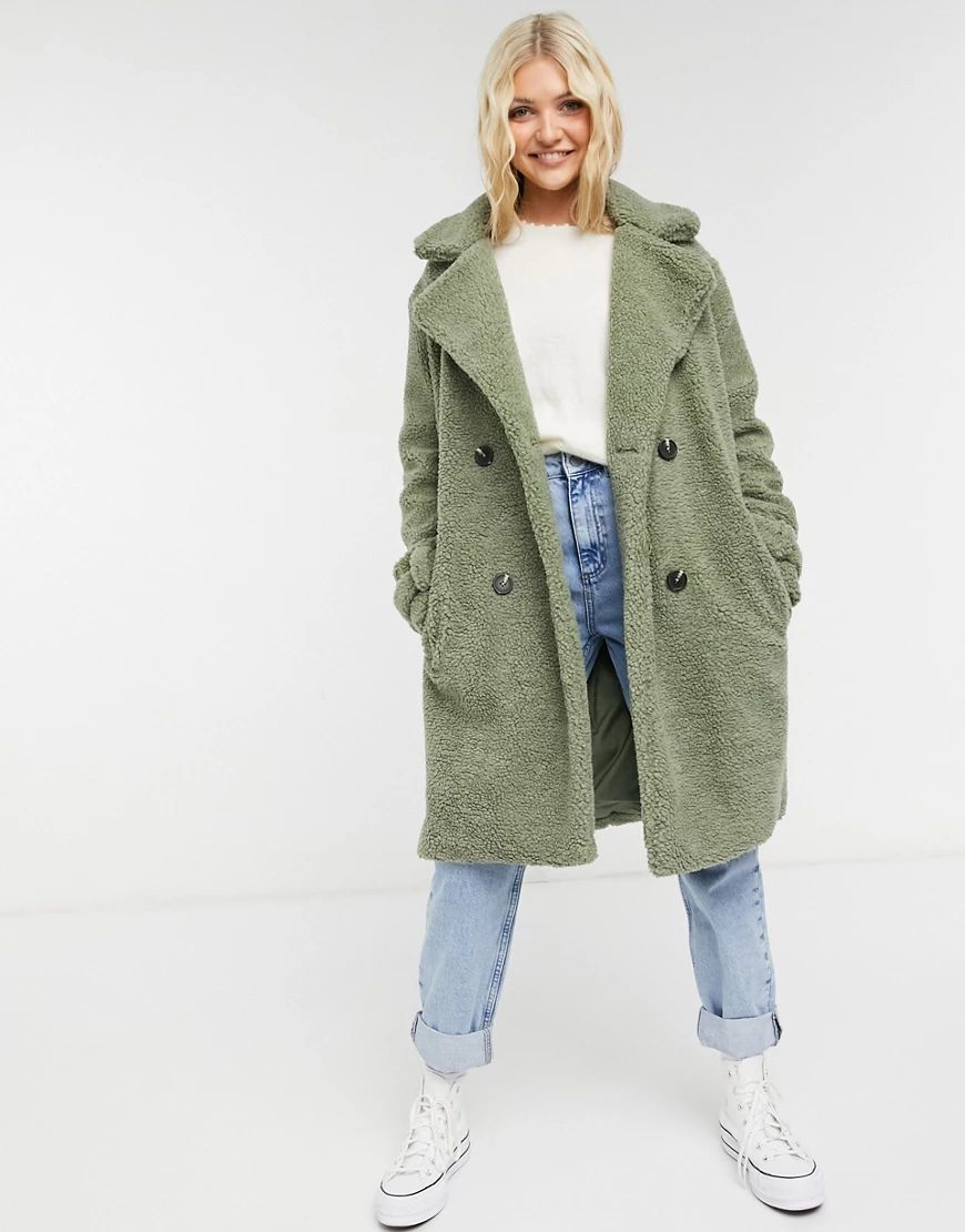 Violet Romance teddy double breasted coat in sage green | ASOS (Global)