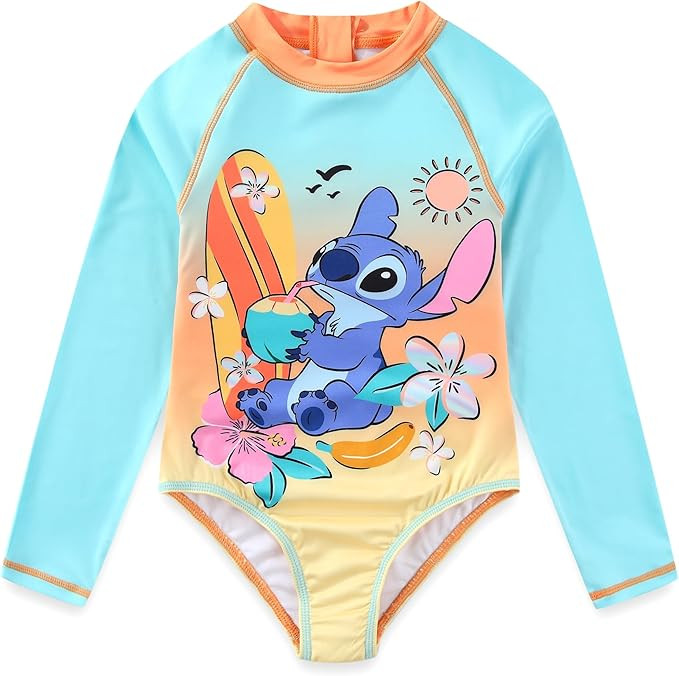 Disney Lilo & Stitch Girls UPF 50+ One Piece Swimsuit Long Sleeve Rash Guard Bathing Suit for Big... | Amazon (US)