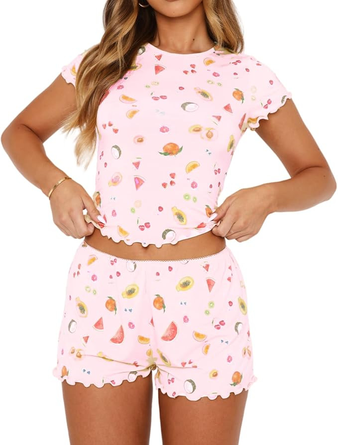 LEEDYA Women's Pajamas Cute Slim Fit 2-Piece Y2K Pajama Set Short Sleeve Crop Top PJ with Shorts ... | Amazon (US)