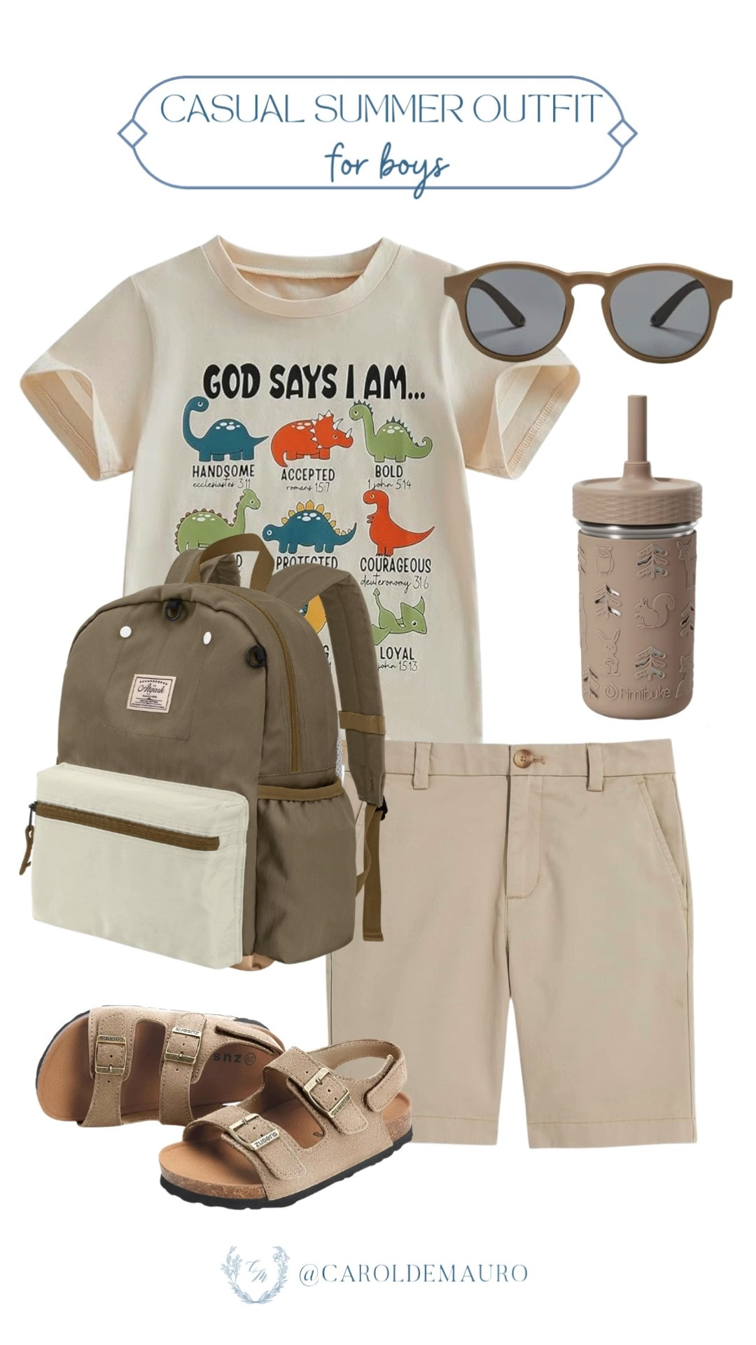 casual look for boys, summer outfit for toddlers, dino tee, sunnies for kids, sandals for boys, sippy cup, kids backpack, neutral look, dinosaur shirt

#LTKKids