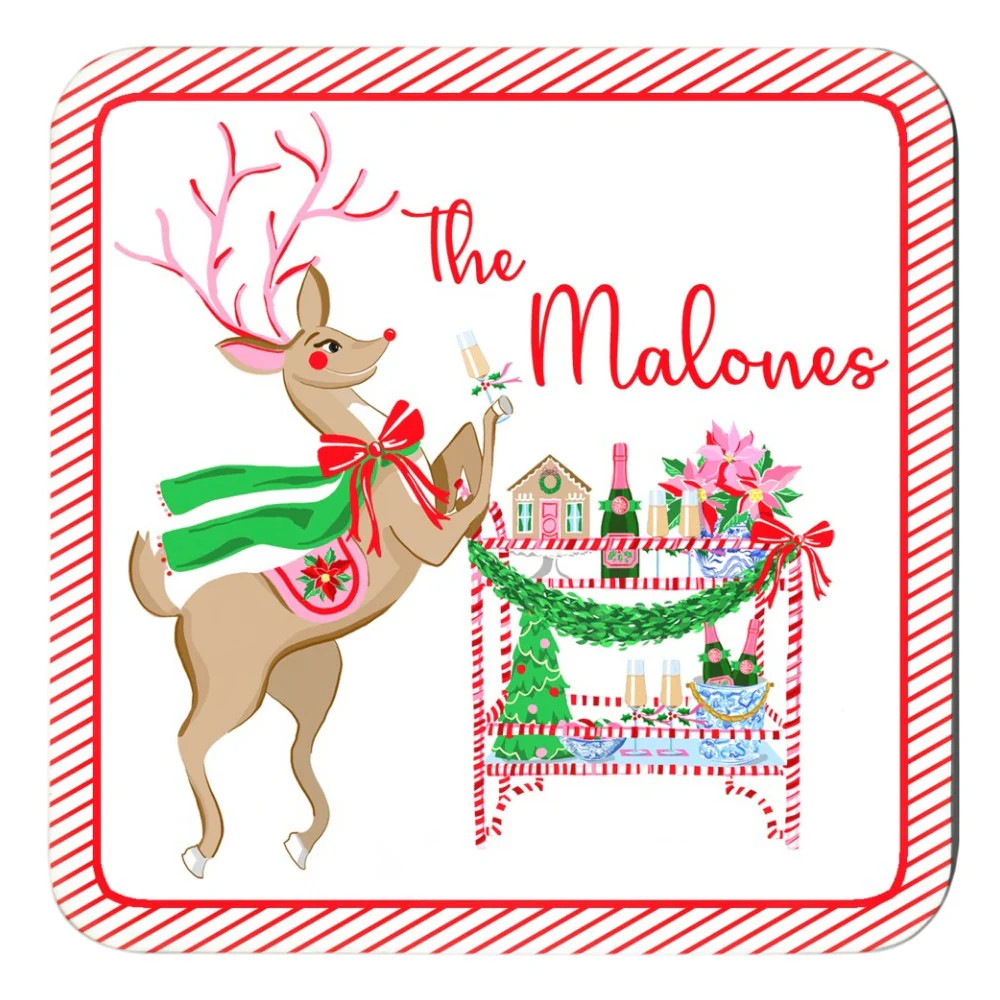 Blitzen & Bubbles Personalized 4"x 4" Paper Christmas Coasters | Taylor Beach Design