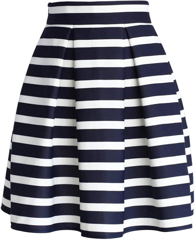 CHICWISH Women's Adorable Navy and White Stripe Pleated A-Line Midi Prom Party Skirt | Amazon (US)