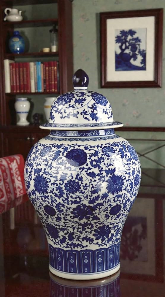 24" Classic Blue and White Floral Porcelain Ceramic Temple Ginger Jar Vase, Large China Qing Styl... | Amazon (US)
