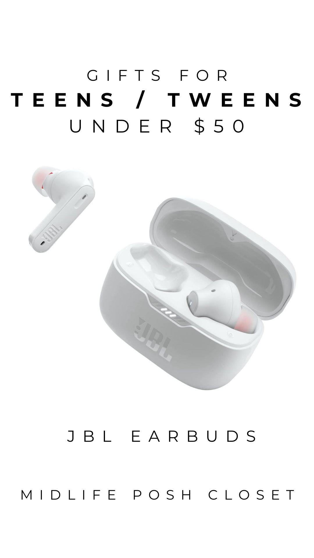 These JBL Earbuds are an affordable alternative to Apple AirPods with TOP LEVEL sound…and are always on sale during the holidays. (Prices subject to change.) Great gift for teens, tweens, and young adults!

#LTKGiftGuide #LTKHoliday #LTKSaleAlert