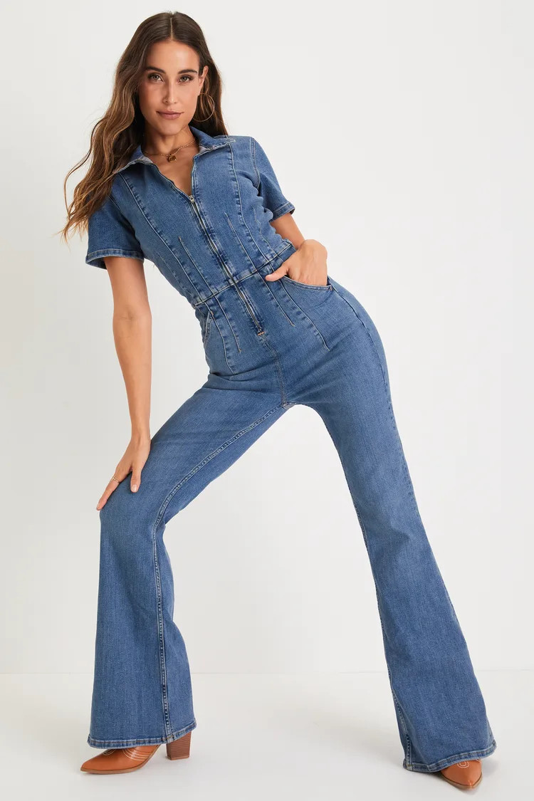 Jayde Medium Wash Denim Zip-Up Flare Jumpsuit | Lulus (US)