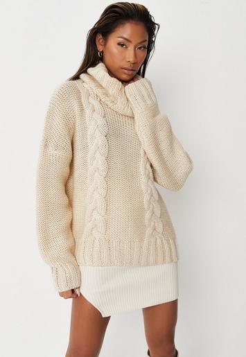 Missguided - Stone Roll Neck Cable Knit Oversized Jumper | Missguided (UK & IE)