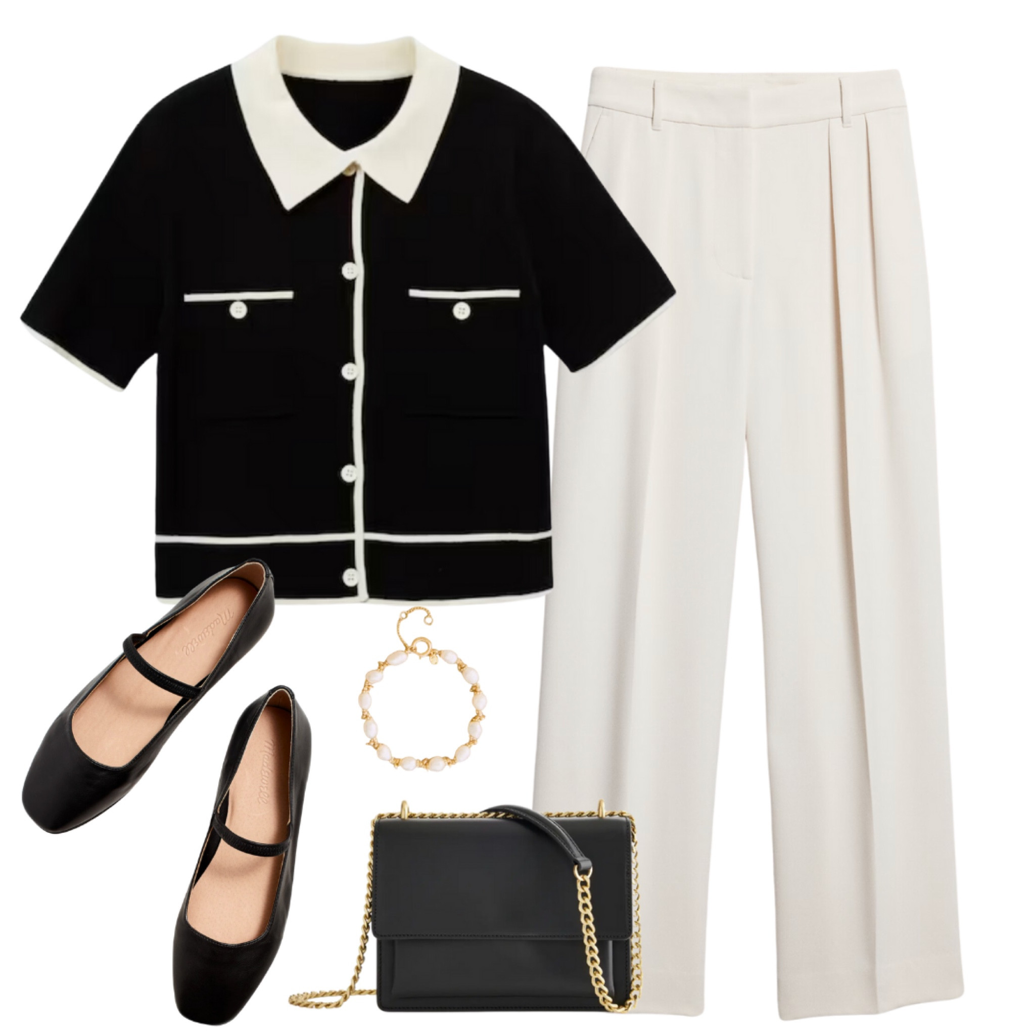 How to style a short sleeve cardigan.

Ivory pants, strap Mary Jane ballet flats, black chain bag