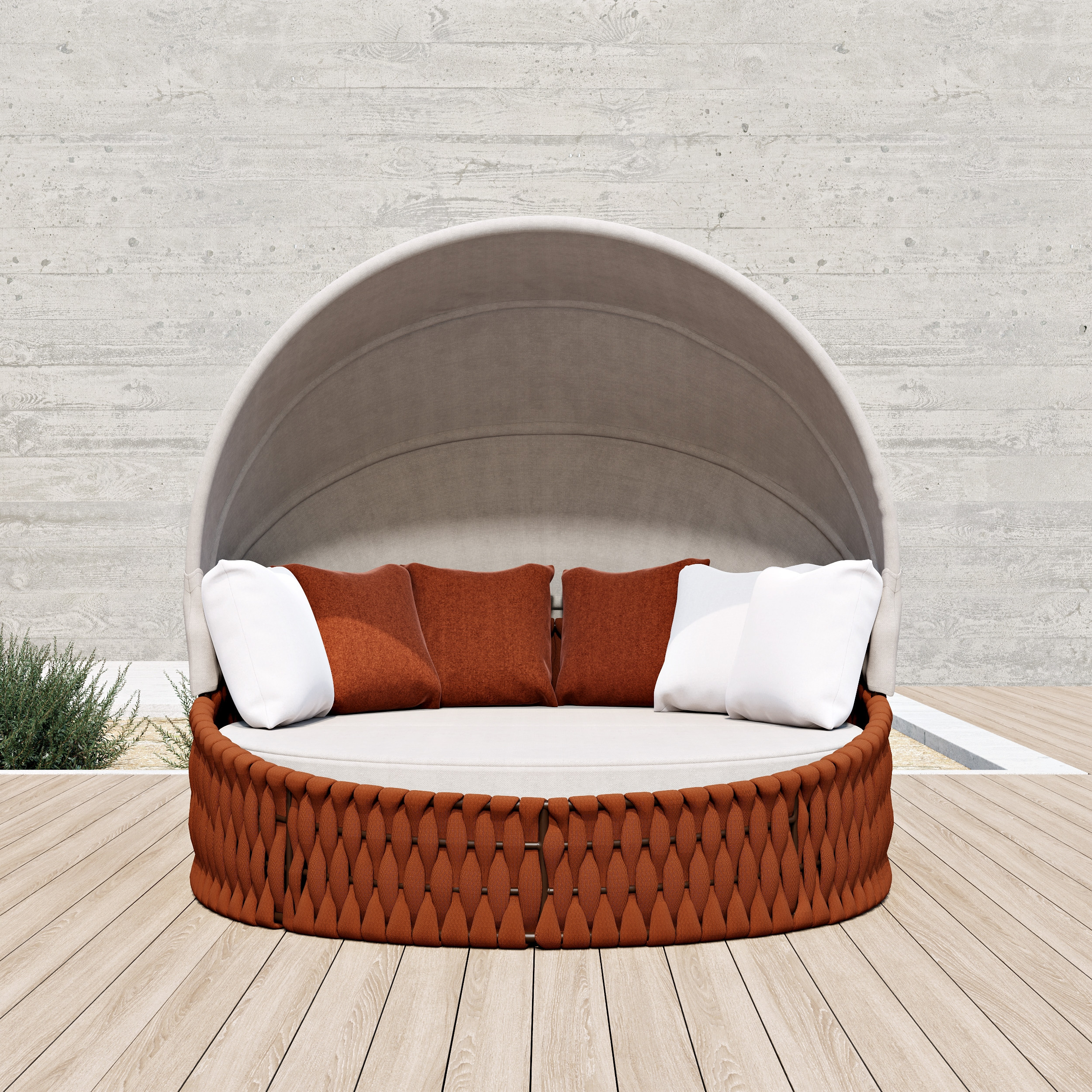Tatta 2 PCS Adjustable Patio Outdoor Daybed Round Sectional with Canopy Exterior Furniture in Warm White Cushion & Pillow Included | Homary