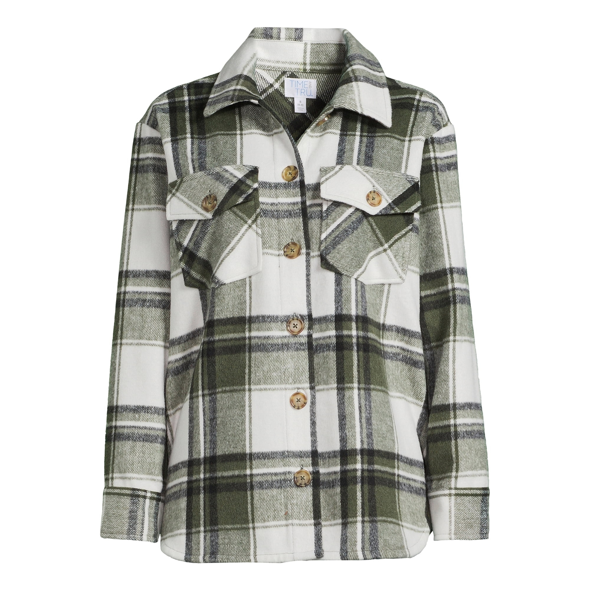 Time and Tru Women's Plaid Button Down Shacket, Sizes XS-XXXL - Walmart.com | Walmart (US)