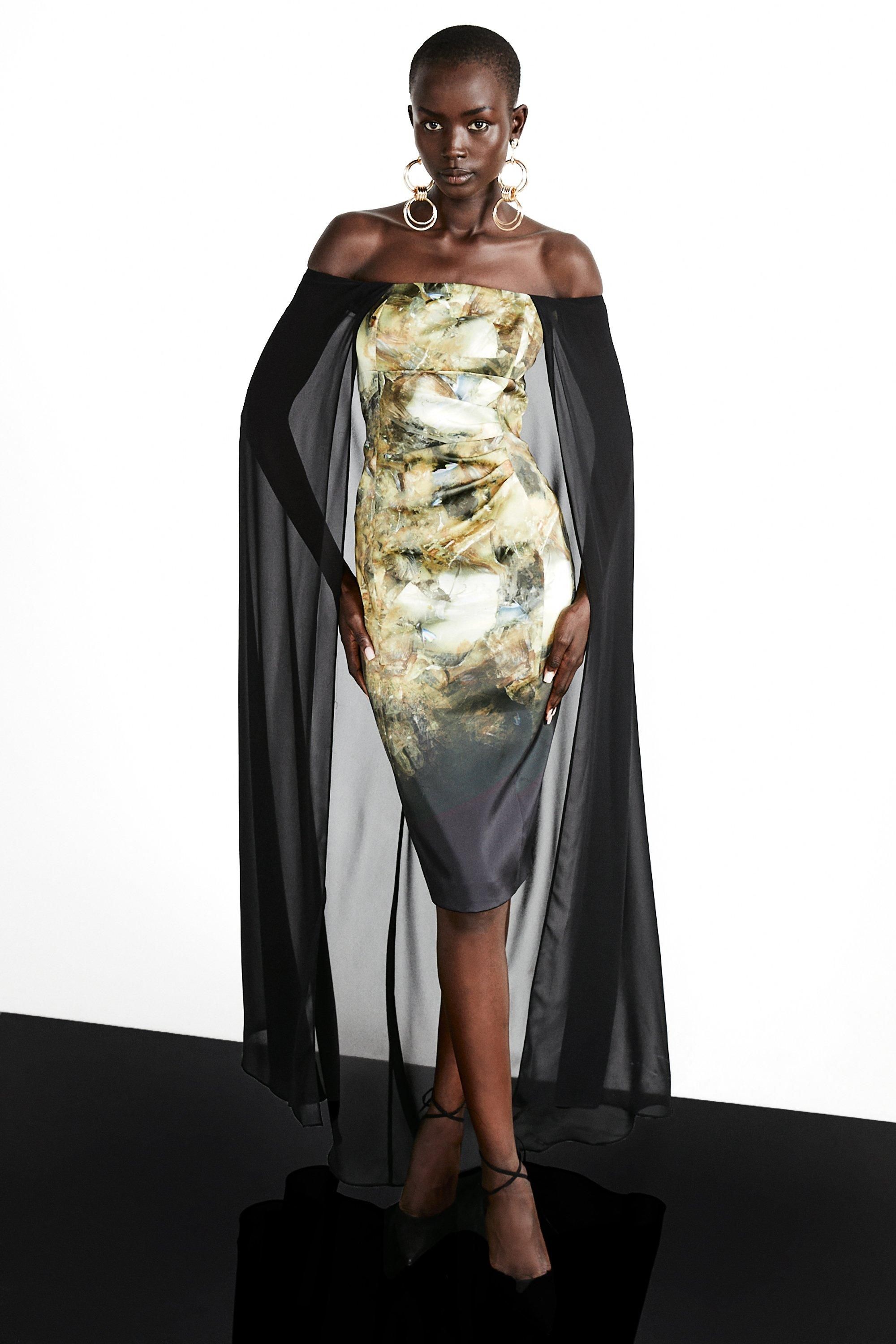 Weston Abstract Crystal Print Midi Cape Dress | Karen Millen UK + IE + DE + NL