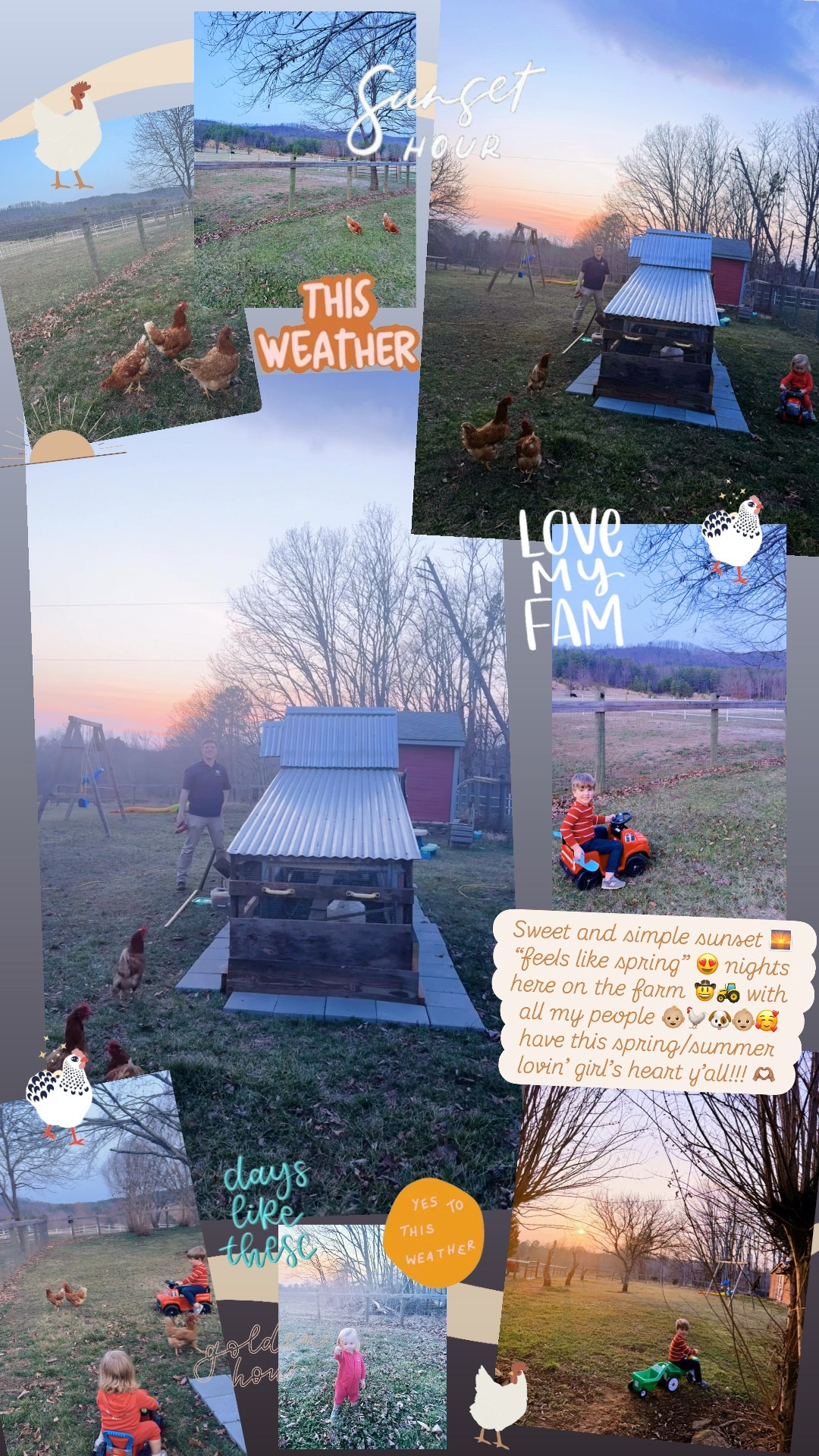 Sweet and simple sunset 🌅 “feels like spring” 😍 nights here on the farm 🤠🚜 with all my people 👶🏼🐓🐶👶🏼🥰 have this spring/summer lovin’ girl’s heart y’all!!! 🫶🏽