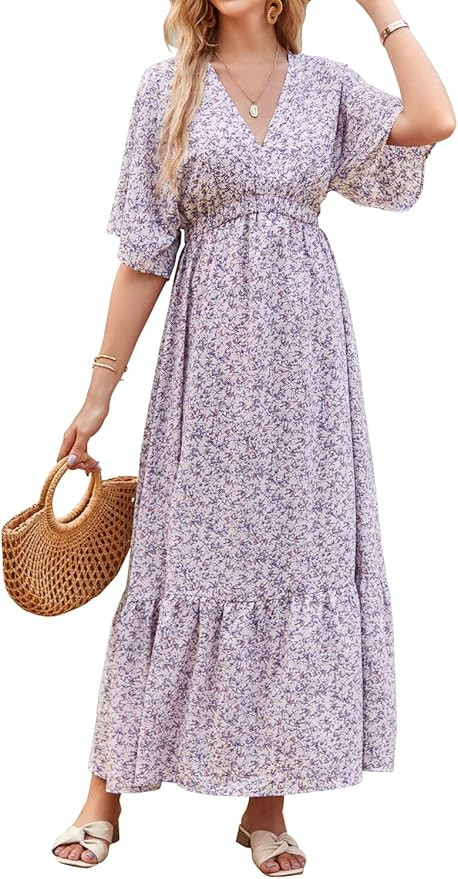 STYLEWORD Womens' 2023 Summer Maxi Maternity Dress V Neck Photoshoot Baby Shower Flowy Casual Lon... | Amazon (US)